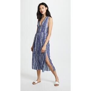 Raquel Allegra Spring 2018 Designer Blue Cotton Linen Midi Tank Dress 0
